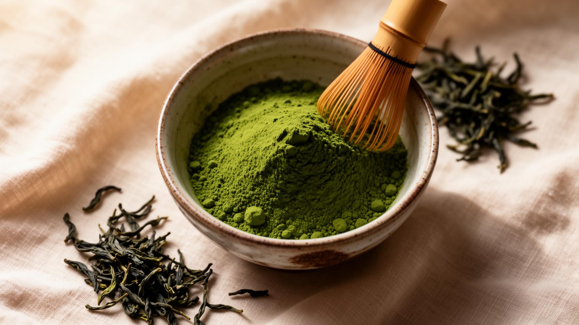 Vivid green matcha powder in a ceramic bowl with bamboo whisk