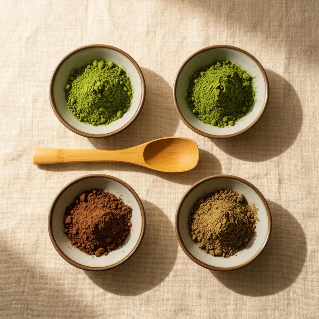 Four ceramic tasting dishes with matcha, hojicha, and Earl Grey powders