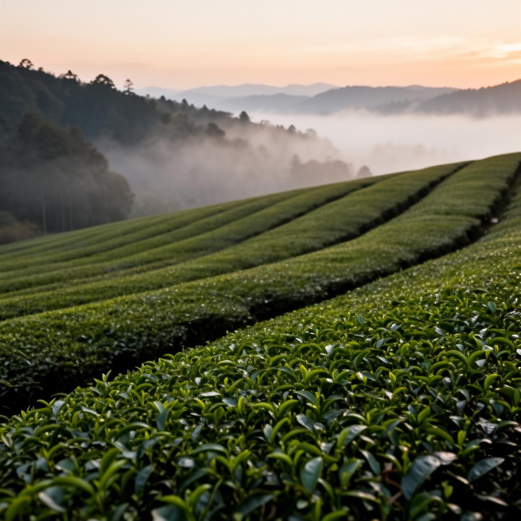 Misty matcha tea field at dawn